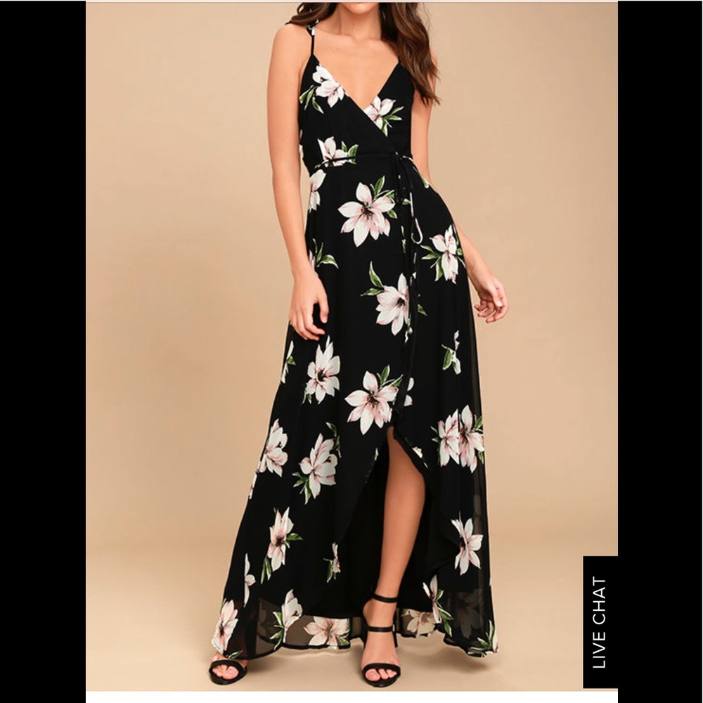 Black floral wrap dress